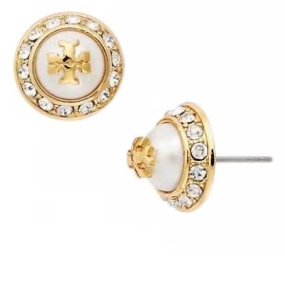 Tory Burch Jewelry - Tory Burch Natalie Domed Logo Pearl Stud Earrings